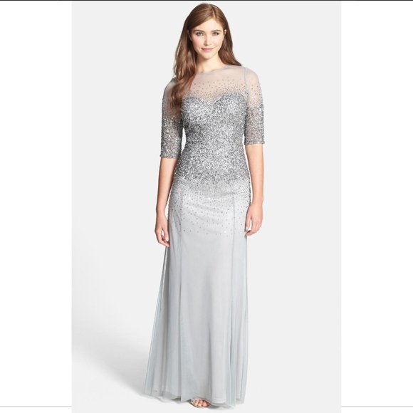 NEW Adrianna Papell Beaded Illusion Bodice Mesh Gown in Grey‎ [Petite SZ 4P ] - Picture 3 of 9